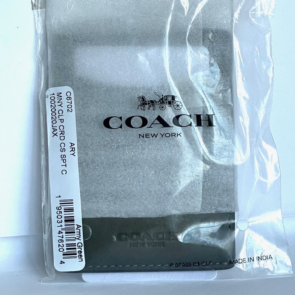 Coach Money Clip Card Case Mens Army Green Leather C6702 Wallet Compact - Picture 3 of 9